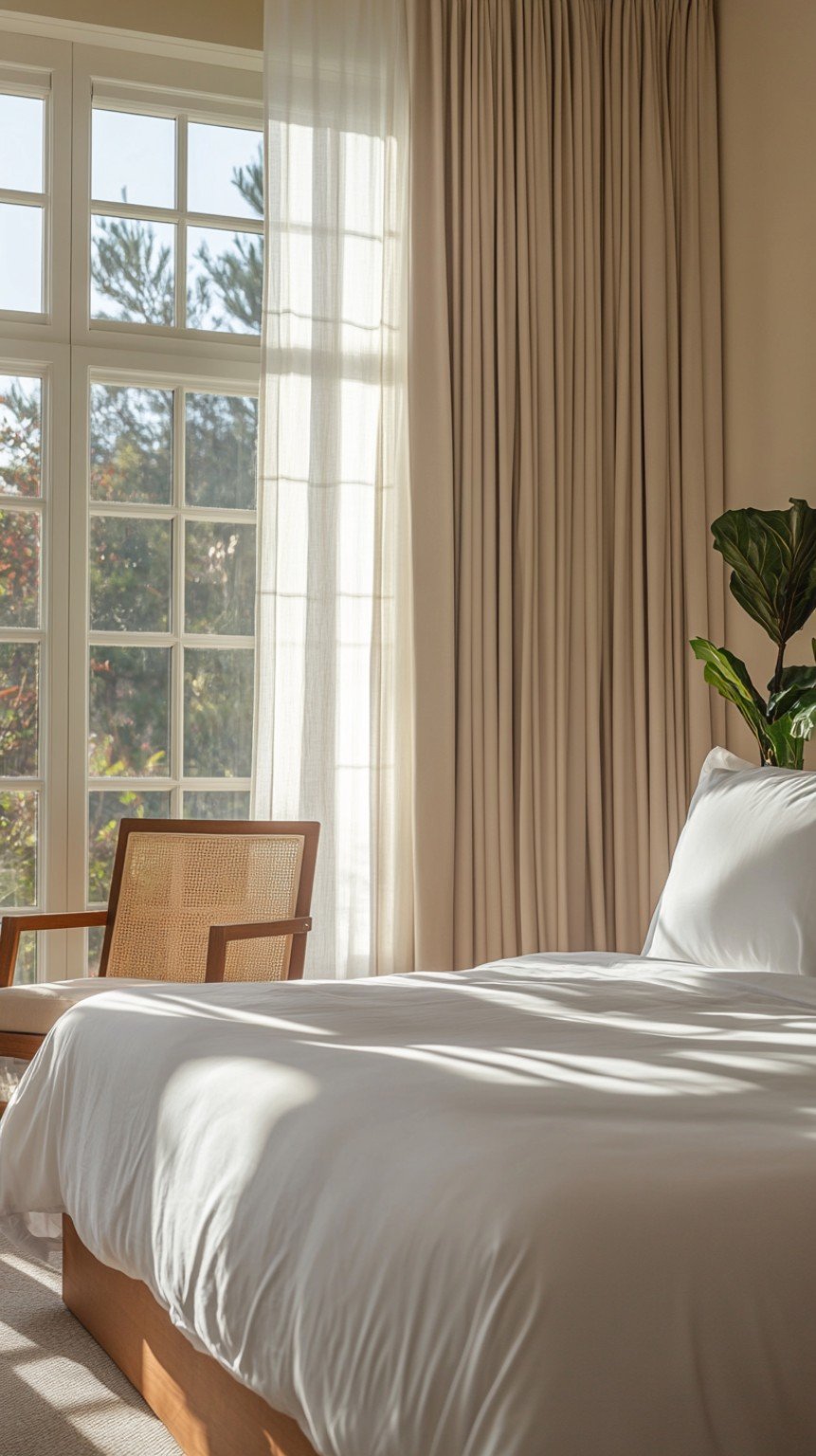 Chambre d’hôtel lumineuse avec lit blanc et grande fenêtre