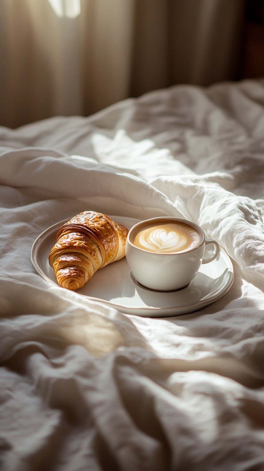 Petit-déjeuner avec croissant et café sur lit d’hôtel