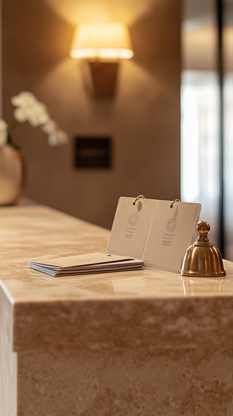 Réception d’hôtel boutique avec comptoir travertin et cloche dorée