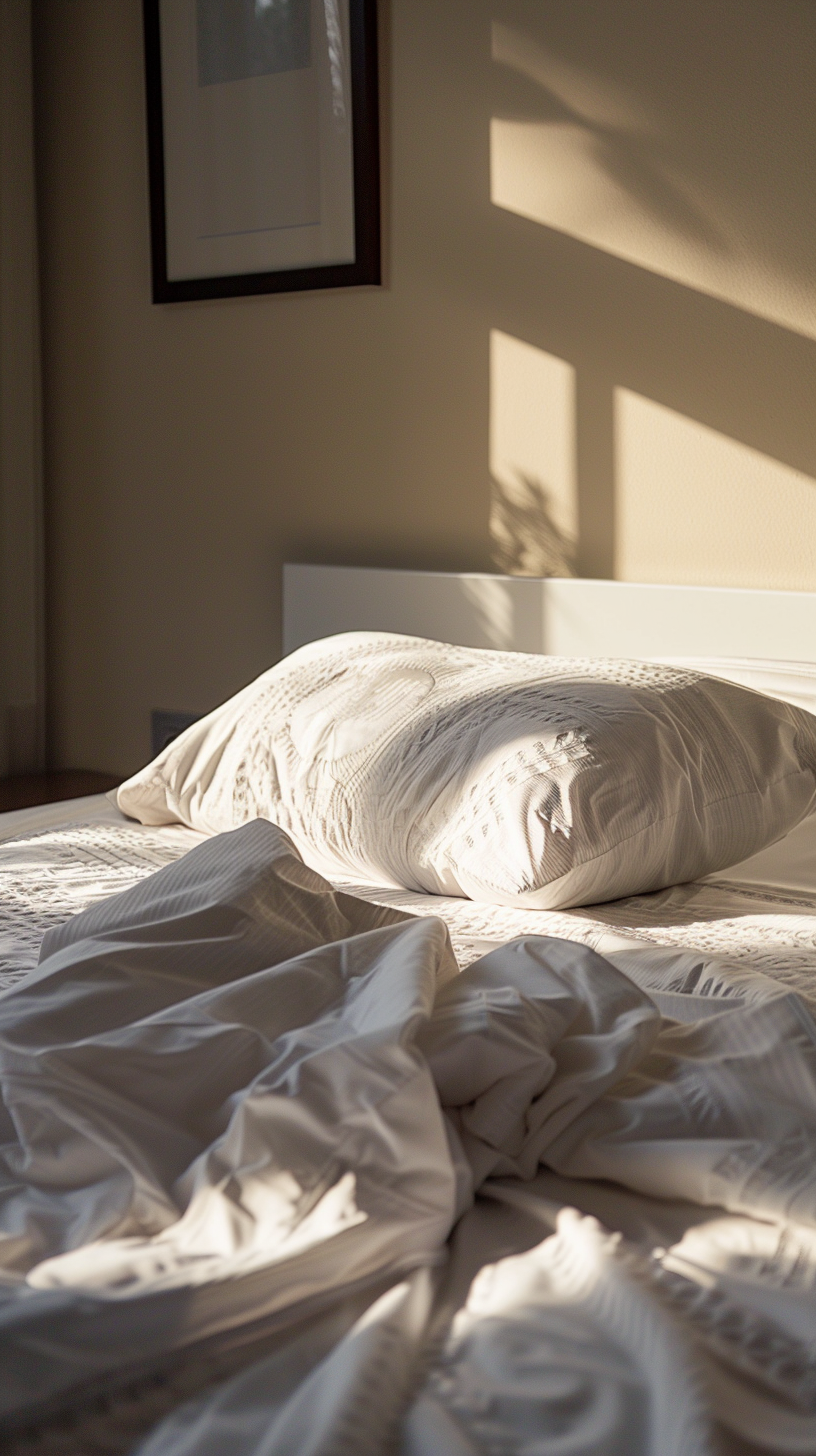 Lit d’hôtel en lumière du matin avec draps légèrement froissés