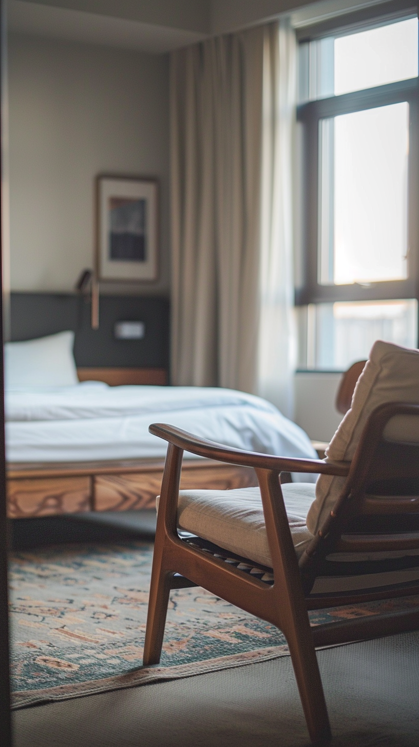 Chambre d’hôtel avec fauteuil en premier plan et profondeur