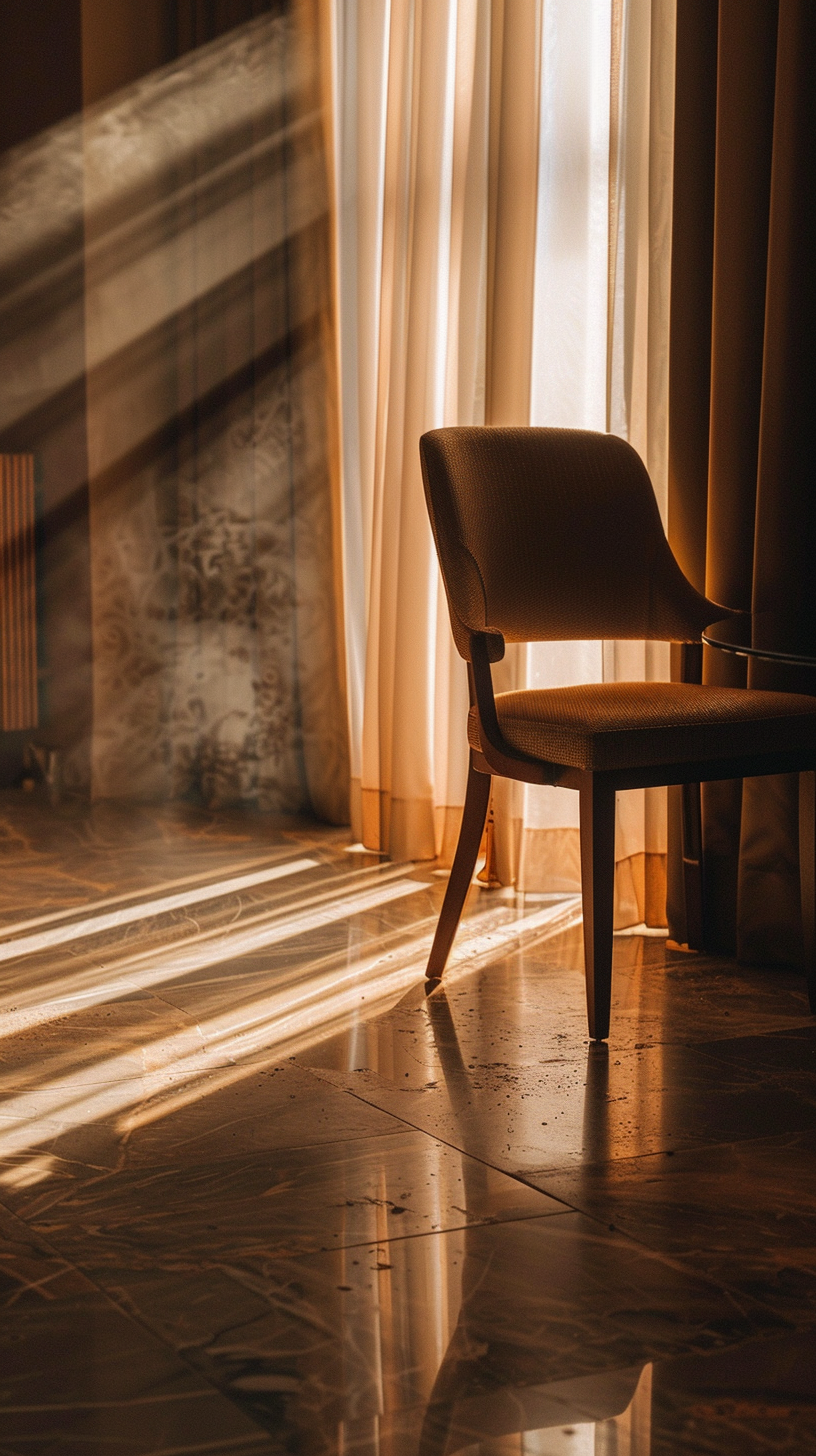 Chaise dans une chambre d’hôtel avec lumière dorée